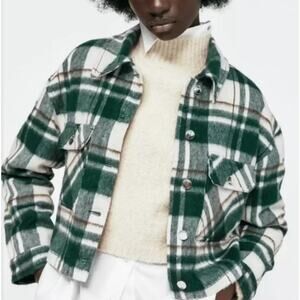 Zara Plaid Cropped Button Front Pocket Jacket Green White Women's Size Small